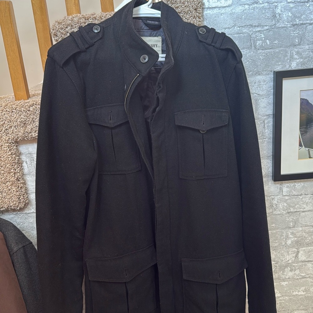 Old Navy Men’s Pea Coat Jacket Military L Black Full Zip Tall